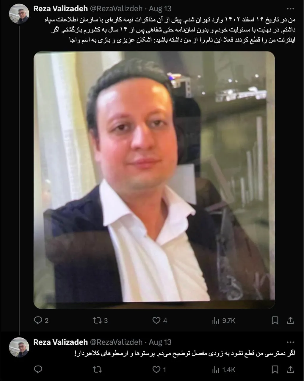 او در پستی پیوست شده نوشت: اگر دسترسی من قطع نشود به زودی مفصل توضیح می‌دم. پرستوها و ارسطوهای کلاه‌بردار!