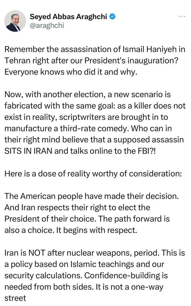 عراقچی: ایران به حق مردم آمریکا برای انتخاب رئیس‌جمهور مورد نظرشان احترام می‌گذارد