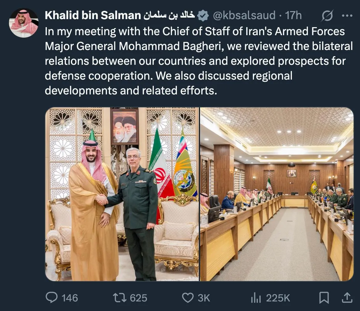  توییت خالد بن سلمان وزیر دفاع عربستان سعودی از دیدار با سرلشکر باقری