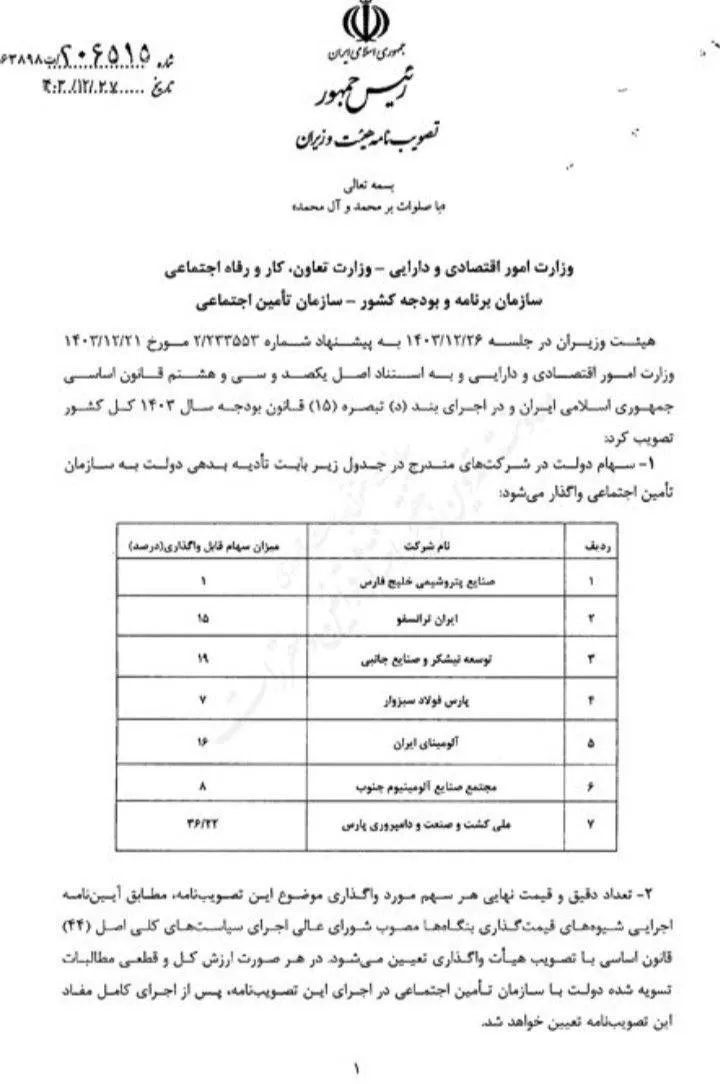 معاون اول رئیس جمهور مصوبه دولت در خصوص واگذاری سهام دولت بابت تادیه بدهی دولت به سازمان تأمین اجتماعی را ابلاغ کرد