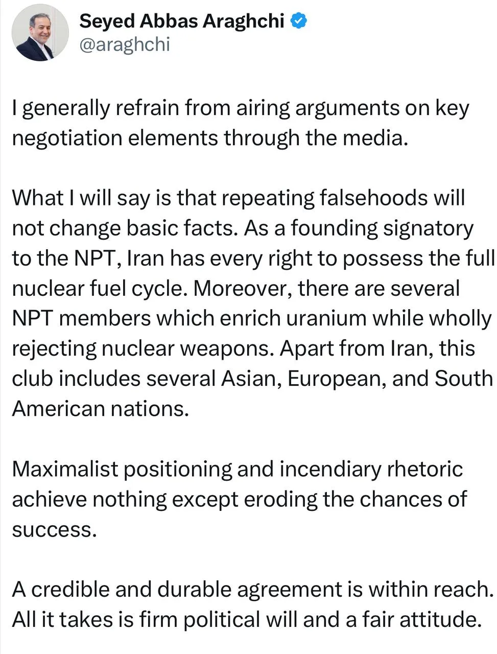  عراقچی: تکرار دروغ‌ واقعیت‌های بنیادین را تغییر نمی‌دهد