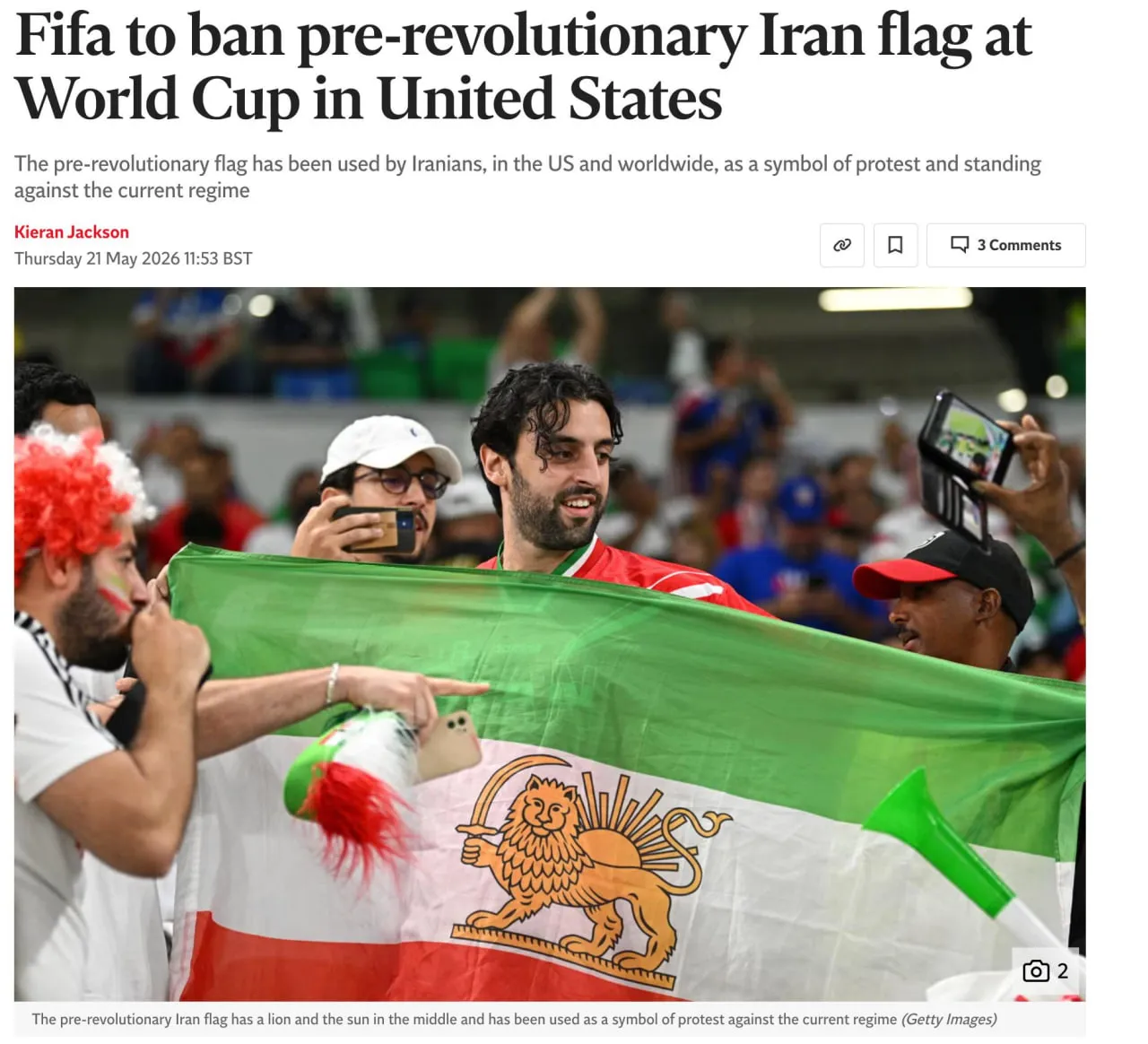 ایندیپندنت:‌ فیفا استفاده از پرچم پیش از انقلاب را در جام جهانی ۲۰۲۶ ممنوع کرد