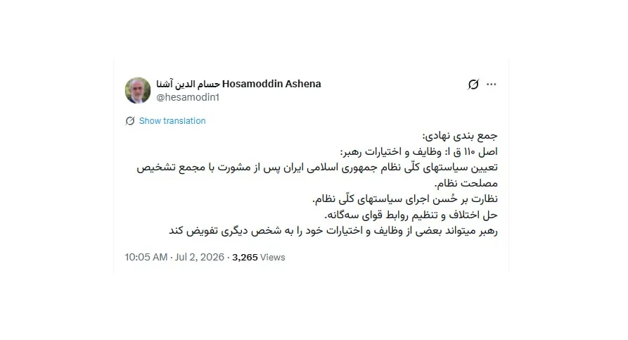 جناب آقای آشنا درود  صراحتاً عرض میکنم، مشکل برای واگذاری بخشی از اختیارات رهبر به هر شخص حقیقی و حقوقی نیست مشکل بطور شفاف این است: