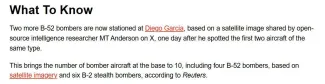  نیوزویک گزارش داد تعداد بمب افکن های B52 آمریکا در پایگاه دیگو گارسیا از ۸ به ۱۰ رسیده