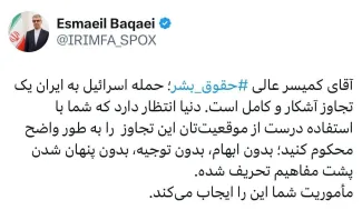 پیام سخنگوی وزارت خارجه خطاب به کمیسر عالی حقوق بشر
