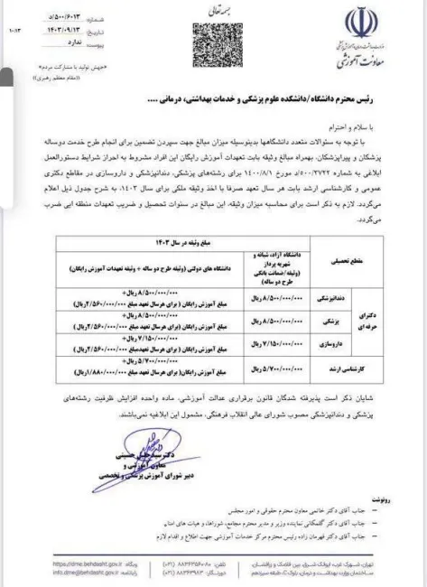 نامه معاونت آموزشی وزارت بهداشت درباره مبلغ وثیقه بابت تعهدات آموزش رایگان مقاطع مختلف رشته های علوم پزشکی