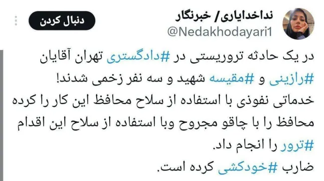  توییت خبرنگار حوادث: نیروی خدماتی نفوذی عامل این ترور بوده است/ محافظ را با چاقو مجروح و با استفاده از سلاح جنگی این ترور را انجام می دهد.