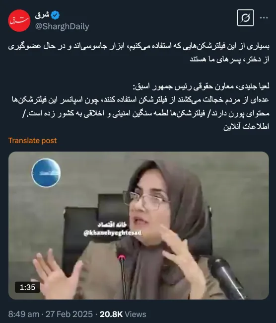  البته سرکار خانم دکتر لعیا جنیدی (ضمن عرض تسلیت به خاطر درگذشت برادرشان)؛ نفرمودند بسیاری از این فیلتر شکن ها که ابزار جاسوسی هستند، عملا برای دستگاه های اطلاعاتی جاسوسی میکنند