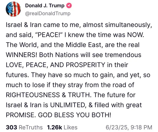 جدیدتری پیام ترامپ در شبکه اجتماعی تروث: اسرائیل و ایران تقریباً هم‌زمان نزد من آمدند و گفتند: «صلح!»
