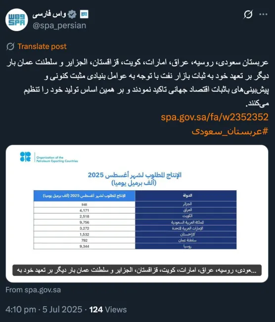 واس خبرگزاری رسمی عربستان سعودی: عربستان سعودی، روسیه، عراق، امارات، کویت، قزاقستان، الجزایر و سلطنت عمان بار دیگر بر تعهد خود به ثبات بازار نفت با توجه به عوامل بنیادی مثبت کنونی و پیش‌بینی‌های باثبات اقتصاد جهانی تاکید نمودند...