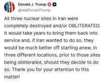  توییت جدید ترامپ برای ایران: هر سه سایت هسته‌ای در ایران کاملاً تخریب و یا محو شده‌اند. سال‌ها طول می‌کشد تا آنها را دوباره به کار بیندازند و اگر ایران می‌خواست این کار را انجام دهد.